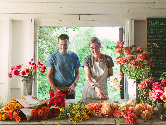 Chris and Erin Benzakein arranging flower bouquets