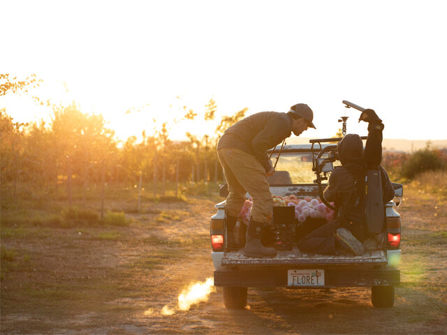 Rob Finch and Jamie Francis filming Growing Floret at golden hour